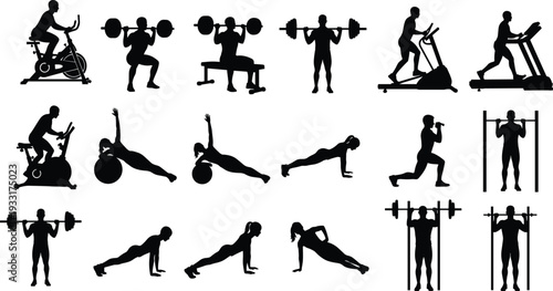 Set of Gym Workout Silhouettes and Fitness Exercise Icons Featuring People Lifting Weights, Running on Treadmills, Cycling, and Performing Bodyweight Training