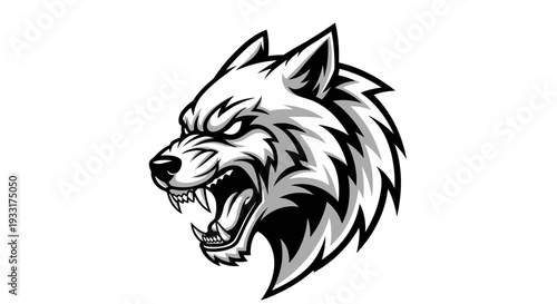 Aggressive wolf head illustration in grayscale against a clean white background