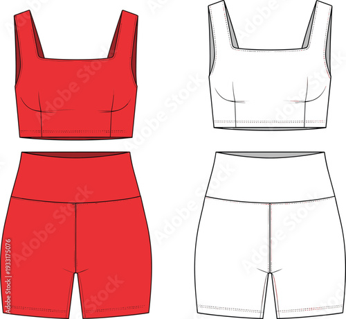 Women athletic wear set vector illustration, square neck crop top and high waist biker shorts technical flat sketch apparel template