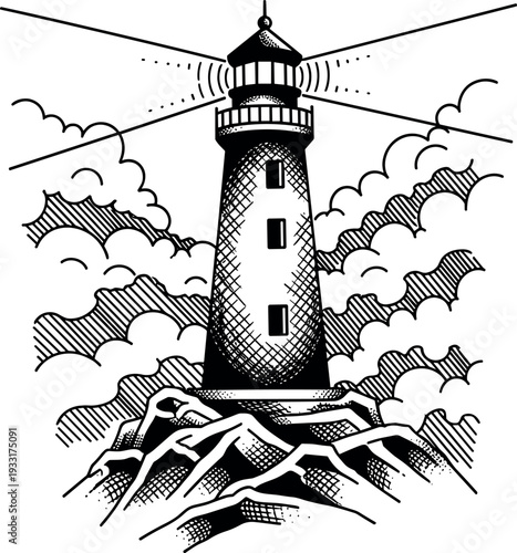 A lighthouse standing tall on rocky terrain amidst clouds on transparent background