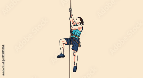 Athlete climbing rope against beige backdrop vector illustration