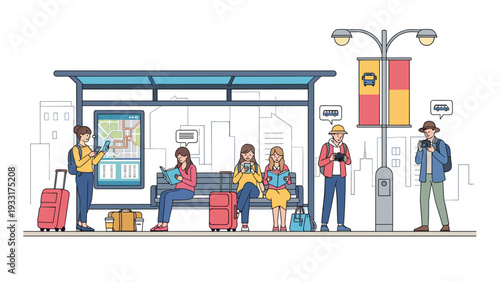 Diverse group of people patiently wait at a modern bus stop, some engrossed in their phones, others consulting maps, all with various pieces of luggage.