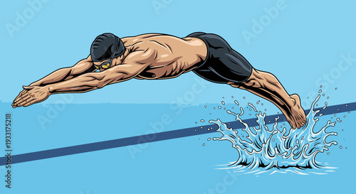 Athlete diving into pool creating splash during swimming competition