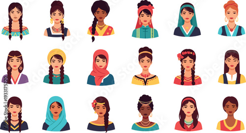 A diverse group of 15 women with different hairstyles and cultural clothing posed for a group photo on transparent background