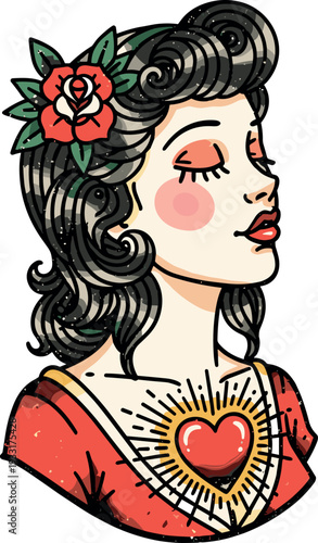 A vintage tattooed woman with closed eyes and a heart design on her chest on transparent background
