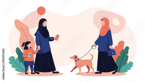 Two Muslim women enjoy a minimalist park setting; one walks hand-in-hand with a small child, while the other takes her dog for a leisurely stroll.