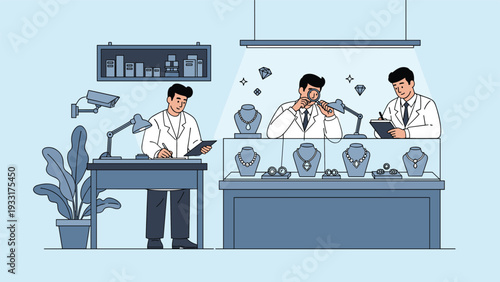 Professional jewelers meticulously inspect and carefully arrange exquisite necklaces and sparkling diamonds within a brightly lit jewelry store display.