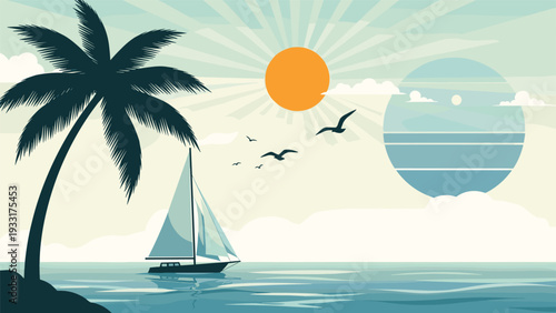 Serene tropical beach scene featuring a silhouetted palm tree, a graceful sailboat gliding across the tranquil ocean, and a bright, radiant sun in the sky.