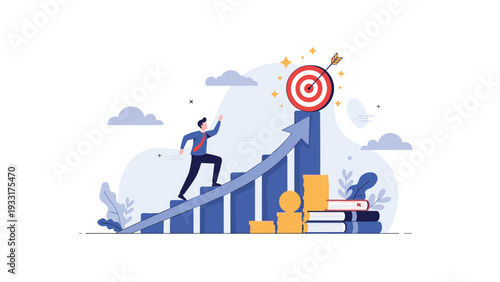 Determined businessman ascends a rising bar graph, moving steadily towards a clear target with an arrow perfectly hitting the bullseye, symbolizing career success and achievement.