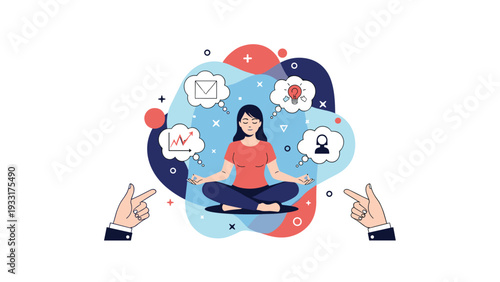 Woman meditates peacefully in a lotus position, surrounded by various thought bubbles and pointing hands, symbolizing mindfulness amidst decisions or external pressures.