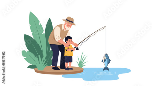 Cherished grandfather and his young grandson enjoy a peaceful day fishing together by a pond, with a freshly caught fish on the line.