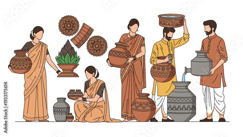 Group of Indian people, dressed in traditional attire, are depicted carrying and skillfully working with various beautifully decorated clay pots and earthenware.