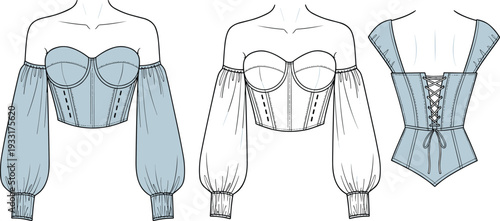 Women corset crop top vector illustration, off shoulder puff sleeve bustier with lace up back fashion technical drawing setWomen corset crop top vector 