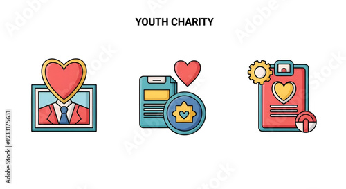 Youth charity icons showing heart symbols and administrative documents