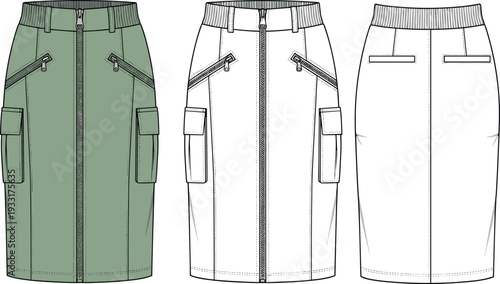 Women cargo pencil skirt vector template, front back and side view zip front utility skirt technical fashion flat sketch illustration