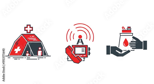 Disaster relief icons featuring medical tent communication and blood