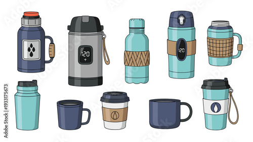 Diverse collection of insulated bottles, thermoses, travel mugs, and classic mugs in various styles and colors for everyday use.