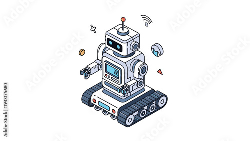 Cute isometric illustration of a small, friendly robot on tracks with an interactive screen and antenna, symbolizing modern technology and AI.