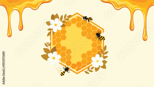 Sweet hexagonal honeycomb frame adorned with buzzing bees, delicate white flowers, and golden honey dripping from the top.