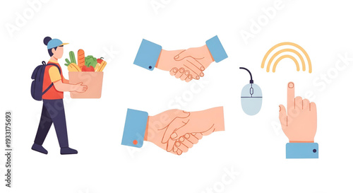Delivery person and handshake icons symbolizing service and trust
