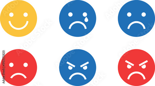 A collection of six colored emoticons expressing various emotions on transparent background
