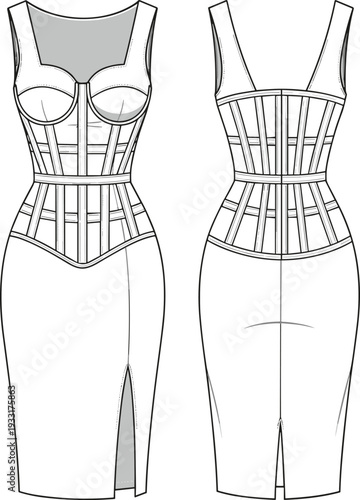 Women corset midi dress vector illustration, front and back view, structured bodice with panel seams and pencil skirt, fashion technical flat sketch template