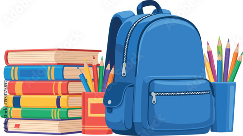 A collection of colorful school books a blue backpack and stationery on transparent background