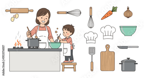 A woman and a child cooking together in the kitchen on transparent background