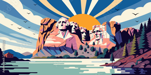 USA, US, U.S, United States - Ultra‑wide minimalist flat‑vector panorama of Mount Rushmore at sunrise featuring dramatic granite‑carved presidential faces and bold American monument scenery.