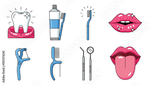 Collection of dental health icons and items including a tooth, toothbrush, toothpaste, dental floss, and dental tools.