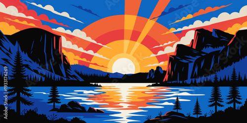 USA, US, U.S, United States - Ultra‑wide minimalist flat‑vector silhouette of Yosemite at sunset featuring mountains, pine trees, and serene American wilderness in a warm, dramatic landscape banner.