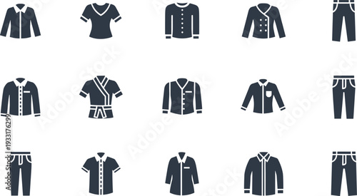 A collection of black and white icons representing different types of casual and formal clothing on transparent background