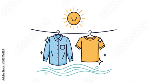 Freshly washed shirt and t-shirt hanging on a line to dry quickly under a bright and cheerful smiling sun in a blue sky.