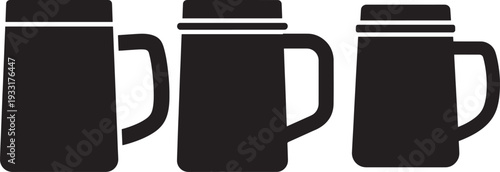 Three silhouette beer mugs different sizes black and white illustration
