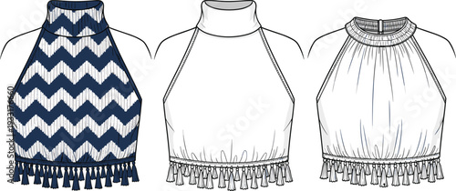 Women halter neck crop top vector illustration, tassel hem boho blouse set with zigzag pattern, front view fashion technical drawing collection