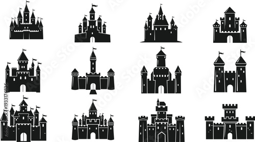Set of Medieval Castle Silhouettes and Fortified Fortress Vector Icons, Fantasy Palace Architecture Design Elements for Game Assets and Historical Branding