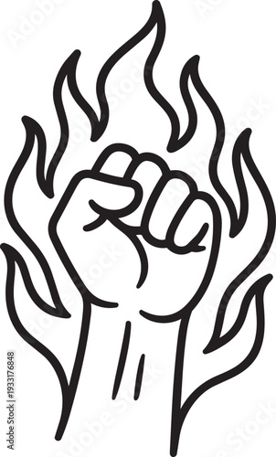Raised fist engulfed in flames outline icon representing strong rebellion political protestation activist and liberty
