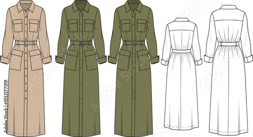 Women long sleeve shirt dress vector template, front and back view belted maxi utility dress technical fashion flat sketch illustration