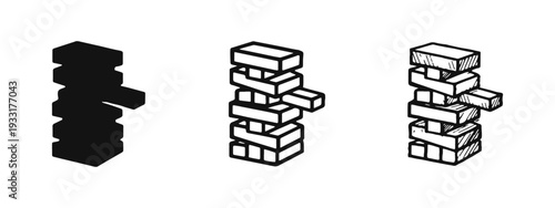 Wooden Block Tower Icon Set: Jenga Style Stacking Game in Glyph, Outline, and Hand-Drawn Styles