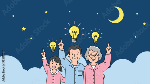 Happy family members in pajamas pointing at bright lightbulbs above their heads against a starry night sky background during a creative moment.