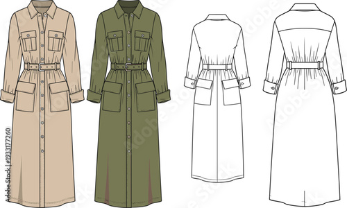 Women long sleeve utility dress vector template set, belted maxi shirt dress fashion technical drawing with front and back view