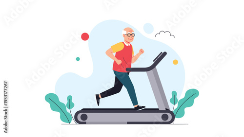Energetic senior man walking on a treadmill for health and fitness with abstract shapes and green plants in the background of a wellness scene.
