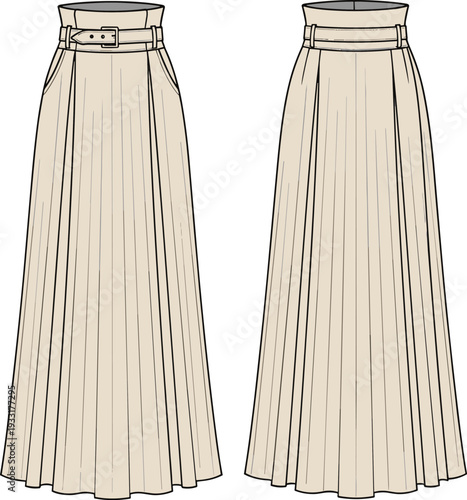 Women pleated maxi skirt vector template, front and back view high waist belted long skirt technical fashion flat sketch