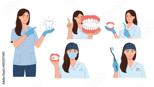 Professional female dentist showing various dental care poses including holding models of teeth, dentures, and brushes.