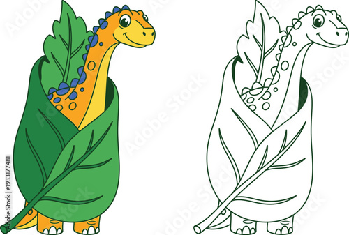 Cute Baby Brontosaurus Wrapped in a Leaf  Adorable Dinosaur Illustration for Kids Designs and Coloring Books