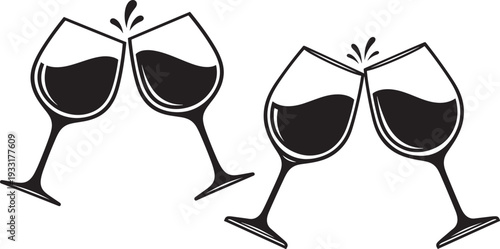 Two silhouette wine glasses toasting on white background
