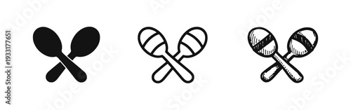 Maracas musical instrument icons set. Collection of silhouette, outline, and hand-drawn maraca shaker symbols.