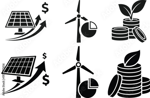 Renewable Energy Investment and Financial Growth Icons Set - Solar and Wind Power with Coins and Charts