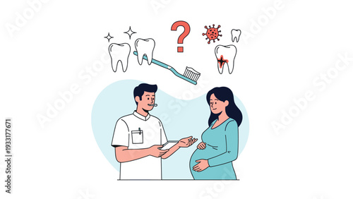 Male dentist explaining oral hygiene and prenatal dental care to a pregnant woman with various health icons floating above them in a clinic.