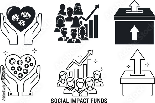Social Impact Funds and Investment Icons representing Community Growth, Financial Contributions, and Charitable Giving